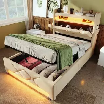 Stilvora Polsterbett mit Stauraum, Leinen, beige, 90x200cm, LED, USB (KABIS9CYKO6)
