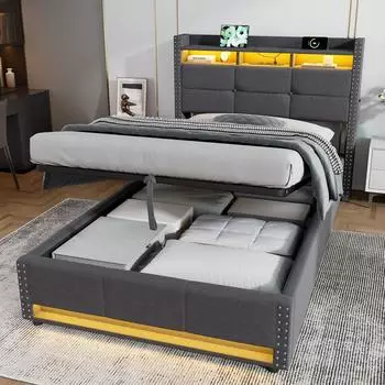 MODFU Polsterbett 140&times;200 mit Stauraum, LED, USB, verstellbarem Kopfteil, grau