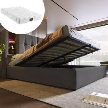 OKWISH Polsterbett mit Stauraum, kabellosem Laden & USB-C, Leinen, grau, 140x200cm