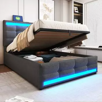 Stilvora Einzelbett 90x200cm gepolstert, RGB-LED, verstellbares Kopfteil, grau (KABRPFHMGM0)