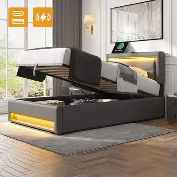 Stilvora Polsterbett 90x190cm mit Bettkasten, LED, USB, grau (KABM9PVNN72JKVF)