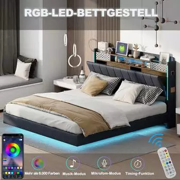 Stilvora Polsterbett 160x200 mit USB, LED & Stauraum im Kopfteil, grau (KABIS5VVGRP)