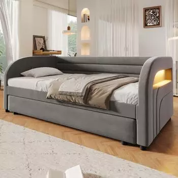 Stilvora Polsterbett 90x200cm mit Ausziehbett und LED-Beleuchtung, grau