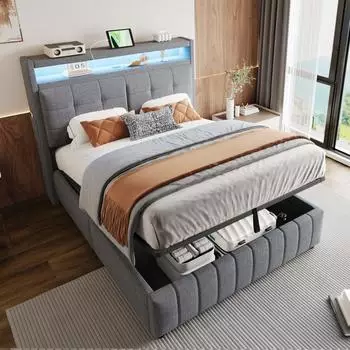 Stilvora Polsterbett 140x200cm mit LED, USB, Stauraum, grau (KABILKODSRZJMU3A)