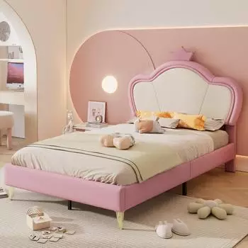 OKWISH Kinderbett mit Kronenkopfteil, PU-gepolstert, rosa/wei&szlig;, 90x200cm