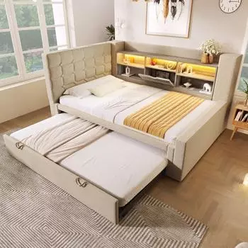 OKWISH Polsterbett mit Ausziehbett, Leinen beige, LED, USB, L-förmiges Kopfteil (90x200cm)