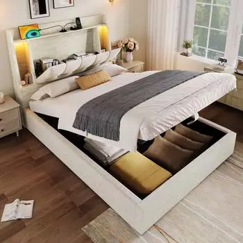 Stilvora Polsterbett 90x200cm beige, Bettkasten, LED & USB Typ-C (KABDRCBDIFINI6)