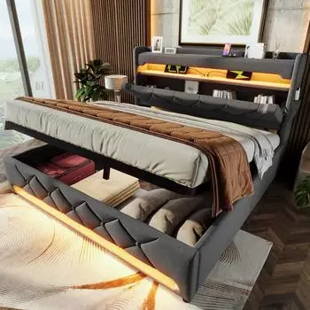 Stilvora Polsterbett 180x200cm, Leinen, grau, Bettkasten, USB & LED (KABOGPLVIW2H1GL)