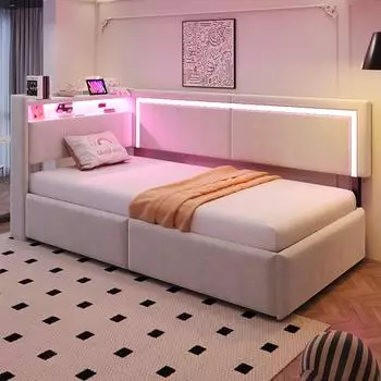 OKWISH Polsterbett 90x200cm Samt beige, LED, USB, Stauraum