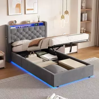 OKWISH Polsterbett 90x200cm, grau, LED-Beleuchtung, USB, Stauraum