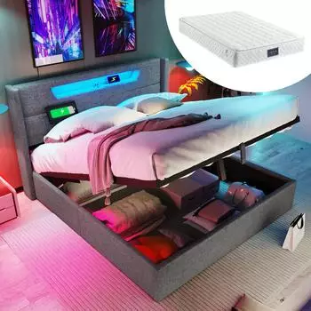 Stilvora Polsterbett 140x200 Leinen, grau, mit Bettkasten, LED, USB & Type-C (KABUE6CMPAX7PPL7)