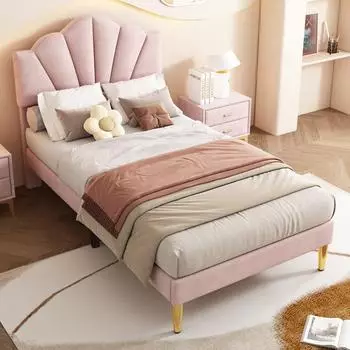 Stilvora Polsterbett Samt Muschel-Design, rosa, 90x200cm, h&ouml;henverstellbares Kopfteil (KABFB8G2SHGTC362)
