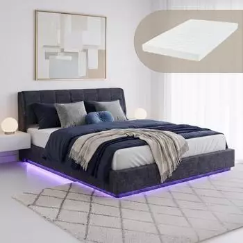 en.casa Tr&ouml;stiar Polsterbett mit Matratze 180x200cm, Leinen, blau, LED-RGB (Tr&ouml;stiar)