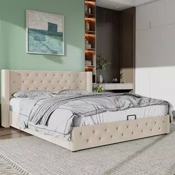 Stilvora Polsterbett Chesterfield-Design mit Bettkasten, Samt, beige, 160x200cm (KABS17X4VB1)