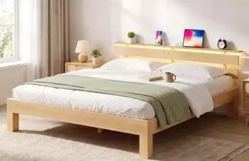 Vasagle Bettgestell 180x200cm Massivholz Buche mit LED & USB