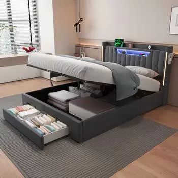 MODFU Polsterbett 140x200cm, Samt, dunkelgrau, mit Bettkasten, LED-Licht und Ladestation