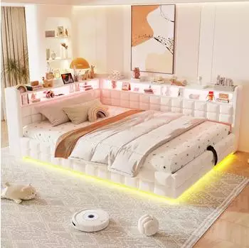 OKWISH Polsterbett 140x200 mit Bettkasten, LED, USB-C, Holzregal, beige