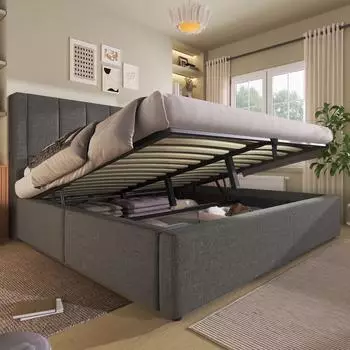 MODFU Polsterbett aus Leinen 160x200cm mit Stauraum, Ladestation und Becherhalter