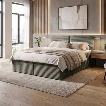 Beautysofa LARS Boxspringbett mit Topper & Bettkasten, Cord, 140x200, H3 (Tilia 37)