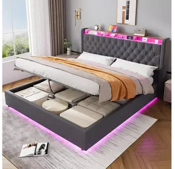 MODFU Polsterbett 180x200cm dunkelgrau mit LED, USB, Stauraum-Kopfteil & Bettkasten