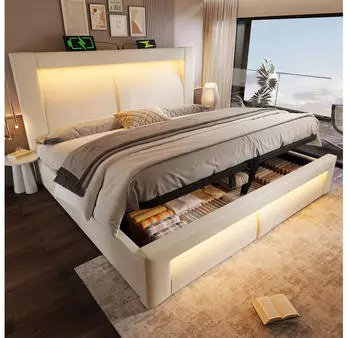 MODFU Polsterbett Samt, beige, 180x200cm, Stauraum, LED & USB (4070864264128)