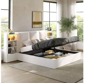 Stilvora Plattformbett 180x200cm mit Stauraum, LED-Lichtleiste, gepolstertem Kopfteil, wei&szlig;