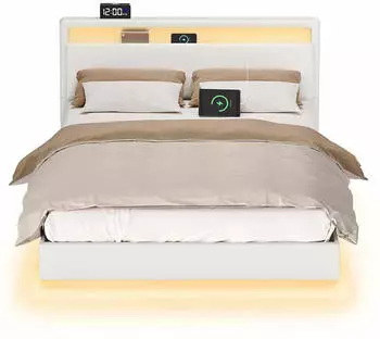 Vasagle Bettgestell 140x200cm mit LED-Beleuchtung und Ladestation, wolkenwei&szlig;