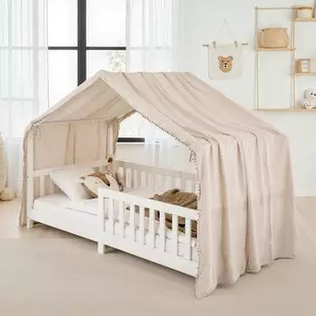 Idimex Hausbett-Vorhang Lian Musselin mit Pompons, beige (125x390cm)