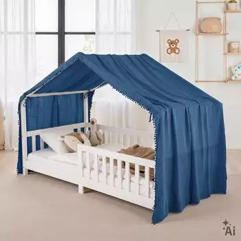 Idimex Betthimmel LIAN mit Pompons, Musselin 100% Baumwolle, blau, 125x390cm