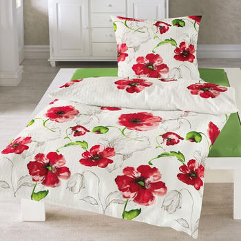 Traumschloss Seersucker Bettwäsche - rote Blumen auf weißem Hintergrund 155 x 220 cm rote Blumen auf weißem Hintergrund