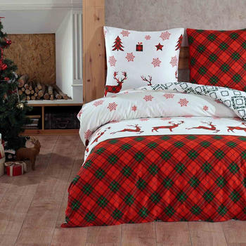 BuyMax Biber Winter Bettwäsche Set 155x220 cm 100% Baumwolle Flanell 2-teiliges Bettbezug Weihnachten Hirsch /Weiss Rot Grün