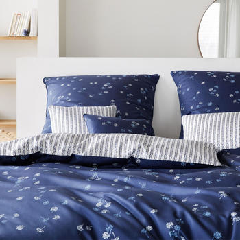 Elegante Mako-Satin Bettw&auml;sche Fleurs indigo 135x200+80x80 cm