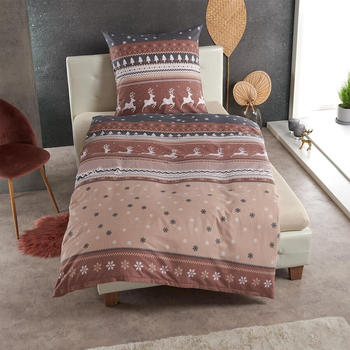 Traumschlaf Basic Biber Bettwäsche Winterland beige 155x220+80x80 cm