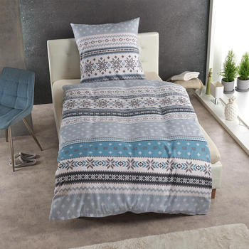 Traumschlaf Basic Biber Bettwäsche Schneeflocken blau 155x220+80x80 cm