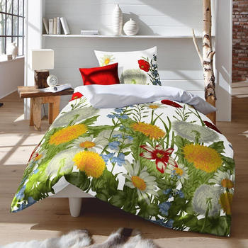 Traumschlaf Mako-Satin Bettwäsche Milano Wildblumenwiese weiß 135x200+80x80 cm