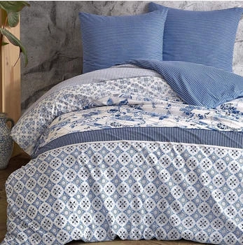 One Home Bettwäsche Paisley Retro Blumen gestreift weiß blau Wende Baumwolle Renforcé (4 teilig) 135x200 cm