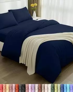 Utopia Bedding 4-teiliges Bettwäsche-Set gebürstete Mikrofaser Marineblau 200x200cm (EU0824)
