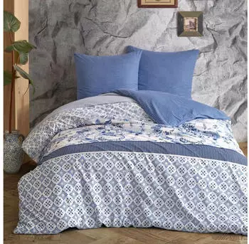 BuyMax Bettbezug-Set, Renforcé, 2 teilig, 155x220 cm Reißverschluss, Blau, Weiß, Blau-Weiß
