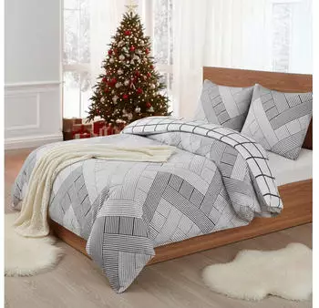 BuyMax Bettwäsche, Biber, 3 teilig, 200x200 cm Flanell mit Reißverschluss Grau-Weiß