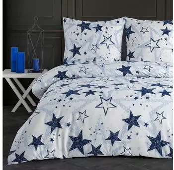 BuyMax Renforcé, 2 teilig, 155x200 cm mit Reißverschluss Sterne Stars Weiß Blau