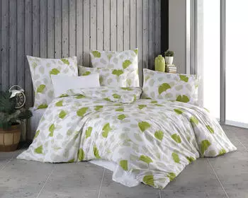 BuyMax Renforcé, 3 teilig, 200x220 cm mit Reißverschluss Blätter, Weiß Hellgrün