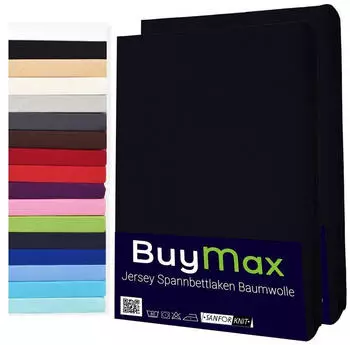 BuyMax Spannbettlaken 2-er Set, Doppelpack, Bettlaken, Jersey, Rundumgummi (2 Stück) Schwarz, 100x200 cm