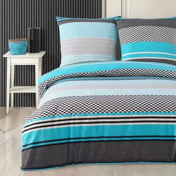 BuyMax Bettwäsche, Biber, 2 teilig, 135x200 cm Flanell mit Reißverschluss Türkis-Schwarz