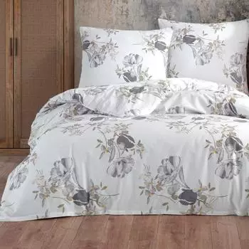 BuyMax Bettwäsche-Set 155x220 Renforce, 100% Baumwolle, weiß/grau, geblümt, 2-tlg.