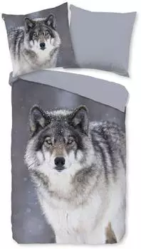 Good Morning Wolfie Flanell-Wendebettw&auml;sche, Baumwolle, grau, 135x200cm (80x80cm)