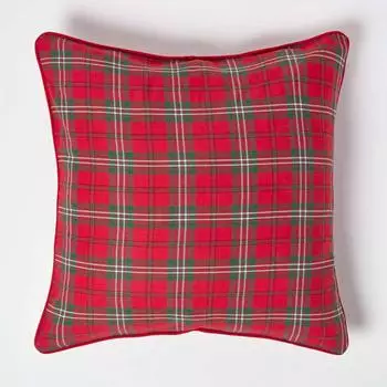 Homescapes Edward Tartan Kissenh&uuml;lle, Baumwolle, rot-gr&uuml;n, 60x60cm