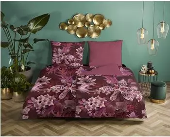 Descanso Farze Wendebettw&auml;sche Blumen, Satin (Bio-Baumwolle), 155x220cm, bordeaux