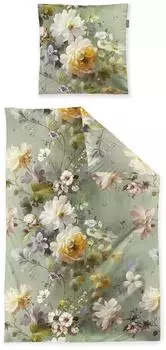 Irisette Zobel Flausch-Cotton Bettwäsche, Blüten grün, 135x200cm (8596-30)