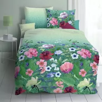 Kaeppel Bettw&auml;sche "Wildblumen" Mako-Satin smaragd 135x200+80x80cm