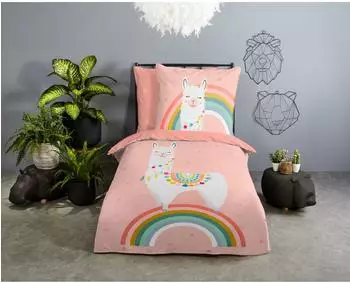 Good Morning Llamaa Kinderbettwäsche-Set Renforcé, rosa, 135x200cm + 80x80cm